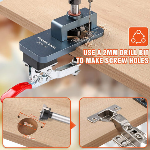 All Metal Concealed Hinge Jig With 35Mm Drilling Hole Template Quick Clamp For Accurate Hinge Mounting, shown clamped on wood