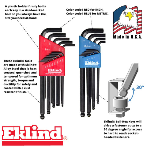 Ball End Hex L Key Allen Wrench Set With Inch And Metric Sizes, 22-Piece Ball End L Key Combo, color-coded set with text info