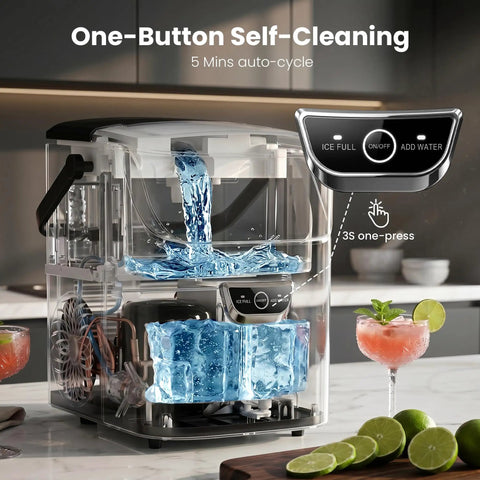 No Sweat Countertop Nugget Ice Maker Grinds Out 35 Pounds Of Smooth Crushed Pebble Ice Daily With Lightning Fast Five Minute Batches And A Roomy Built In Water Reservoir, featuring self-cleaning water flow.