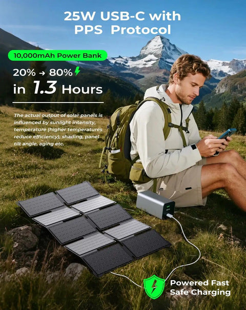 Portable 35W Solar Panel Charger With Fast USB C PD 25W And USB A in a mountain setting with hiker charging device.