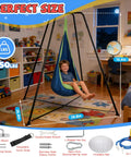 Child sitting comfortably in Heavy-Duty X Shaped Sensory Swing Stand For Kids With Pod Chair, Indoor And Outdoor Swing Frame, 330 Lbs Capacity.