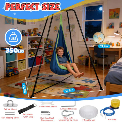 Child sitting comfortably in Heavy-Duty X Shaped Sensory Swing Stand For Kids With Pod Chair, Indoor And Outdoor Swing Frame, 330 Lbs Capacity.
