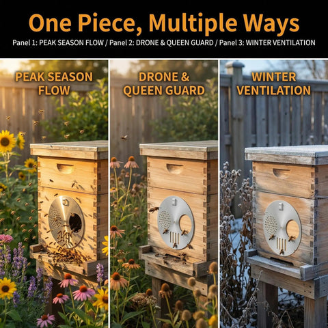 Collage of beehives using Two Pack Galvanized Iron Bee Hive Entrance Discs For Beekeeping Nuc Box Entrance Reducers 4.92 Inch Diameter