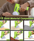 Upgraded Cordless Electric Scissors With Wider Opening And Large 1.84 Inch Tungsten Blade For Heavy Duty Cardboard Cutting in use on various materials.