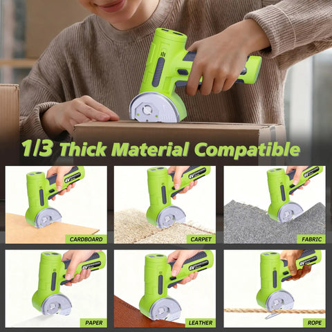 Upgraded Cordless Electric Scissors With Wider Opening And Large 1.84 Inch Tungsten Blade For Heavy Duty Cardboard Cutting in use on various materials.