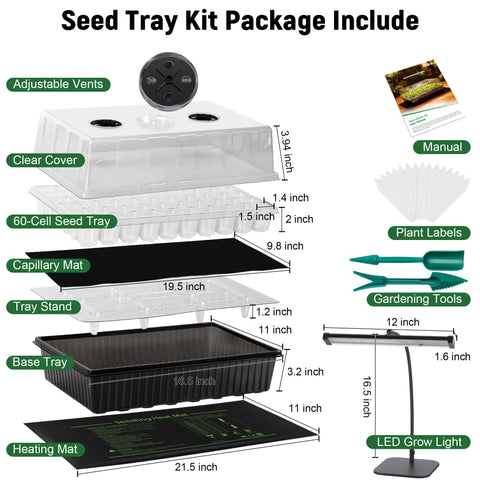 Exploded view of No Fuss Self Watering Seed Starter Kit showing components including heat mat, humidity dome, and LED grow light for indoor germination.