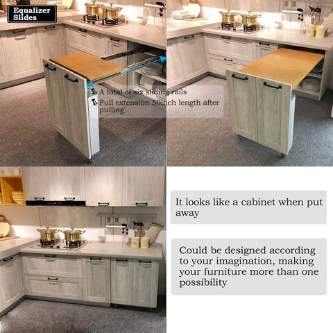 Beefy Full Extension Table Slide 50 Inch Heavy Duty Aluminum Sliding Rail With Wheels Cabinet Extension in Kitchen Island
