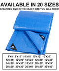 Folded blue 14x20 ft poly tarp with grommets, Finished Size 14x20 Feet Multipurpose Poly Tarp Cover 5 Mil Blue Heavy Duty Weatherproof Tarp.