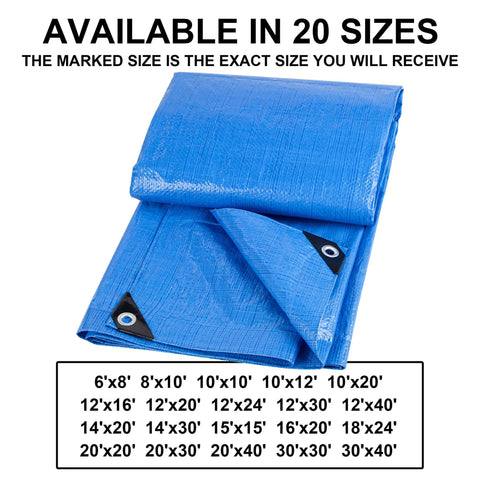 Blue Poly Tarp 2 Pack 10x12 Feet 5 Mil Thick Dustproof Waterproof Outdoor Tarp For Camping Tent Boat RV Car Heavy Duty Protective Cover Multipurpose Shelter displayed with eyelets