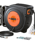 Beefy 45 Foot Retractable Extension Cord Reel With 12 Gauge 3 Conductor SJTOW Power Cord 15 Amp Breaker Lighted Triple Tap