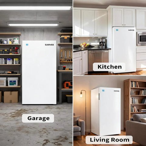 Space Saving 11 Cu Ft Convertible Upright Freezer Plays Nice As A Garage Ready Refrigerator With Freezer in garage, kitchen, and living room.