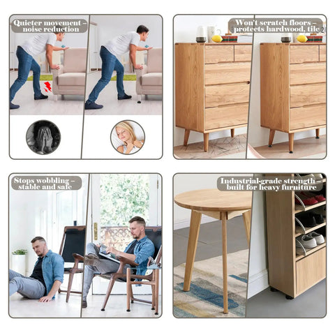 Heavy Duty Adjustable Leveling Feet Four Pack With One Inch Height Adjustment And Three Eights By Sixteen Thread Solid Steel Furniture Glides for stable furniture on various floors.