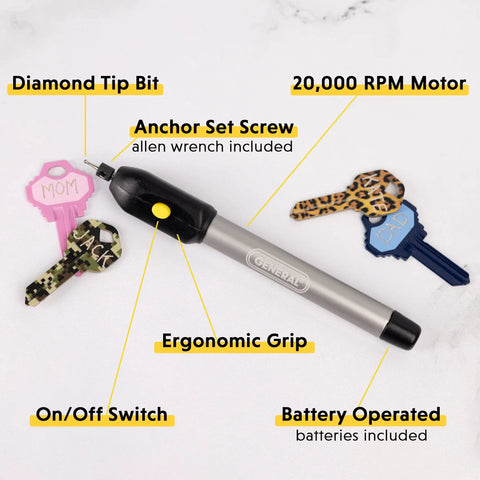Cordless Engraving Pen For Metal With Diamond Tip Etching Tool Dope For Toys, Sporting Goods, Glass Gifts And More Fast, Easy Personalization For DIYers And Pros shown with keys.