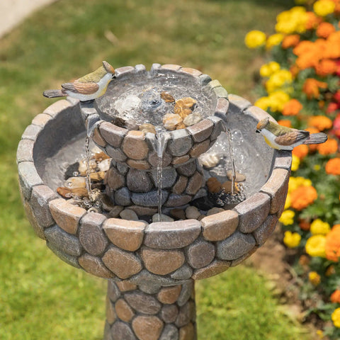 Two Tier Stone Like Outdoor Water Fountain With Birds Bird Bath Waterfall Decor Freestanding Garden Yard Patio Porch Includes Pump Weatherproof Resin 24.41 Inches Tall