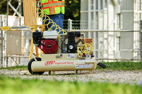 135 Psi 5.5 Hp Gas Powered Air Compressor Runs Smooth With Honda Engine and Cast Iron Construction, showing wheelbarrow design.