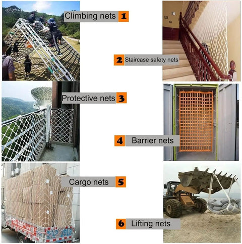 Various types of nets including climbing, safety, protective, barrier, cargo, and lifting nets used in different applications. 