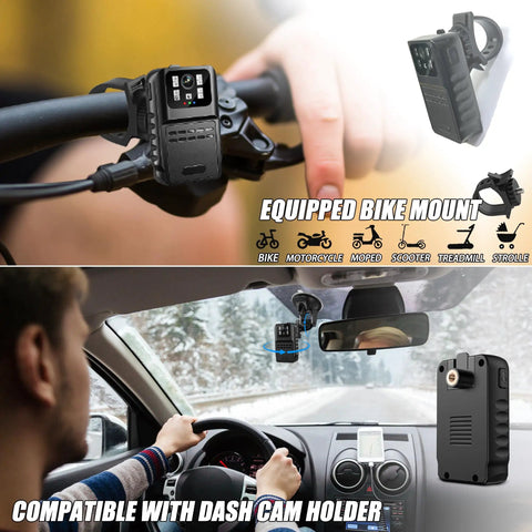 1080P Body Camera With 64GB Memory Waterproof IP64 Wearable Recorder mounted on bike and car dash for security and law enforcement.