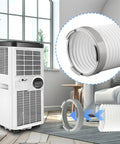 Round 5.9 Inch Portable Air Conditioner Exhaust Hose Coupler Window Adapter for Round AC Unit Outlet displayed with air conditioner and hose.