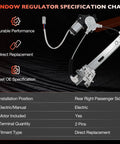 Rear Right Passenger Side Power Window Regulator With Motor Assembly For Ford Escape 2008-2012, Mercury Mariner 2008-2011, Mazda Tribute 2008-2011 Direct Fit Easy Install OE Replacement 8L8Z7827000A with specification chart showing installation position as rear right passenger side, electric/manual as electric, and motor included as yes.