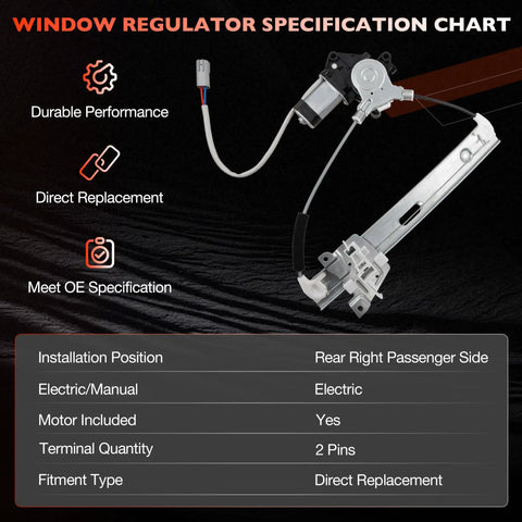 Rear Right Passenger Side Power Window Regulator With Motor Assembly For Ford Escape 2008-2012, Mercury Mariner 2008-2011, Mazda Tribute 2008-2011 Direct Fit Easy Install OE Replacement 8L8Z7827000A with specification chart showing installation position as rear right passenger side, electric/manual as electric, and motor included as yes.