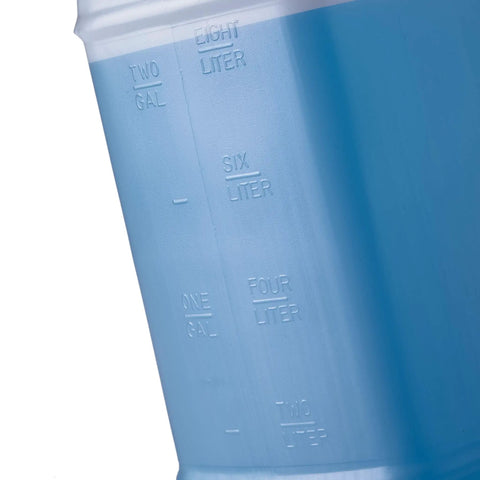 Two Pack Two And A Half Gallon Hedpak Liquid Storage Containers With Cap Food Grade HDPE Plastic Natural Color Heavy Duty Cap With Foam Liner Tight Seal For Shipping And Storing Liquids close-up measurement marks