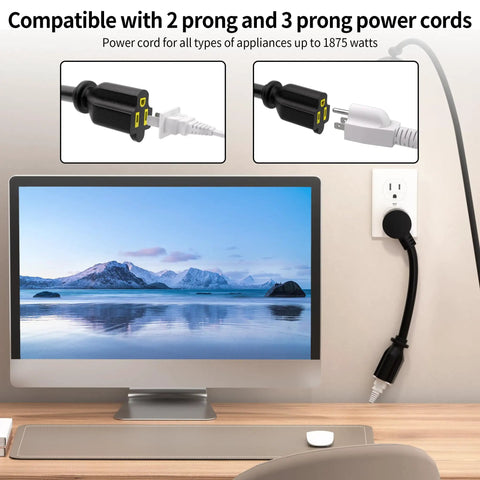 1 Ft 3 Pack Black Short Flat Plug Heavy Duty Extension Cord 14 Gauge 3 Wire Grounded Appliance Power Cable 15A 125V 1875W SJTW ETL Listed NEMA 5 15P To NEMA 5 15R plugged behind a desk setup with computer monitor.