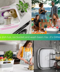 2.6 Gallon Collapsible Wash Basin With Drain Plug for Baby Bottles and Dishes, shown in kitchen and outdoor settings.