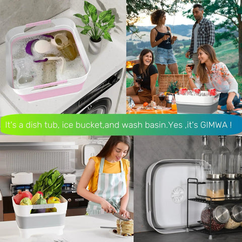 2.6 Gallon Collapsible Wash Basin With Drain Plug for Baby Bottles and Dishes, shown in kitchen and outdoor settings.