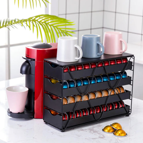 4 Tier Nespresso Pod Drawer Organizer For Vertuo Capsules Holds Up To 80 Pods Modern Countertop Coffee Pod Rack in kitchen setup