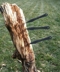Three throwing spikes from Six Pack 9.4 Inch No Spin Throwing Spikes Set in Durable 420HC Stainless Steel embedded in tree trunk
