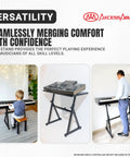 Three images showcase the Two In One Adjustable Keyboard Stand And DJ Desk With Removable 36 Inch By 19.4 Inch Steel Tabletop