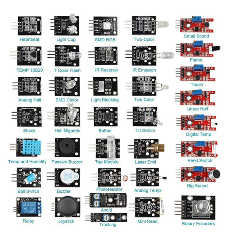 Dope Thirty Seven Sensor Starter Kit for Arduino and Raspberry Pi showing various sensor modules for 37-in-one robot projects.