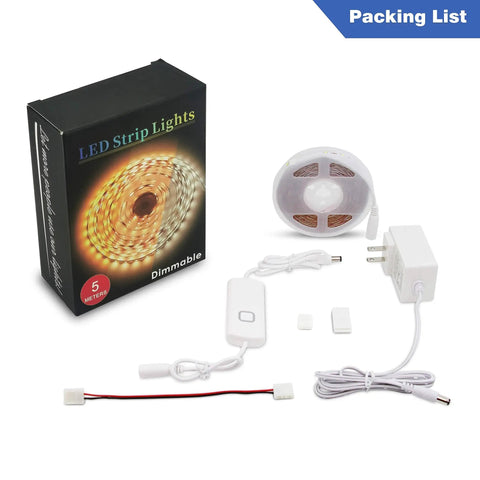 Under Cabinet LED Lighting Kit With Sixteen Point Four Foot Dimmable Tape Light 1050 Lumen Super Bright Warm White 3000K 2835 SMD LEDs Ten Level Dimming Ideal For Kitchen Cabinets Shelves Counters And Bedroom Decor packaging including LED strip, remote, and power adapter