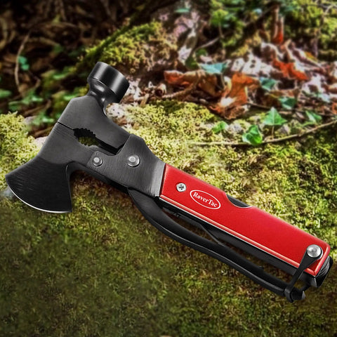 14-In-1 Multitool Camping Axe Hatchet With Knife, Hammer, Saw, Bottle Opener, in forest setting