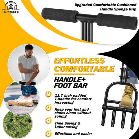 Manual Lawn Aerator with handle and foot bar, focus on padded T-handle, promotes comfort and ease of use