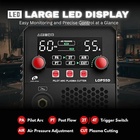 Dual Voltage Plasma Cutter 55A Portable With Non Touch Pilot Arc LED Panel large LED display for precise monitoring