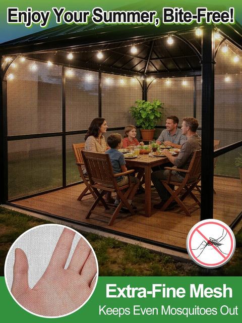 People dining on patio with pavilion covered by 10X20Ft PP Nanocomposite Garden Netting Keeps Bugs Out Mosquito Net For Patio Balcony.