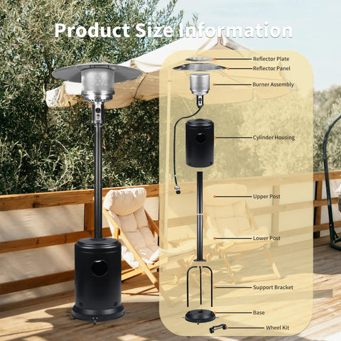 Powerful 50,000 BTU Propane Patio Heater On Wheels For Backyard Hangouts And Outdoor Dining in wooden patio setting