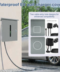 Heavy Duty Outdoor EV Charger Enclosure For Tesla Wall Plug With Secure Lock And Dual Cable Ports Weather Proof Shell, mounted on wall.