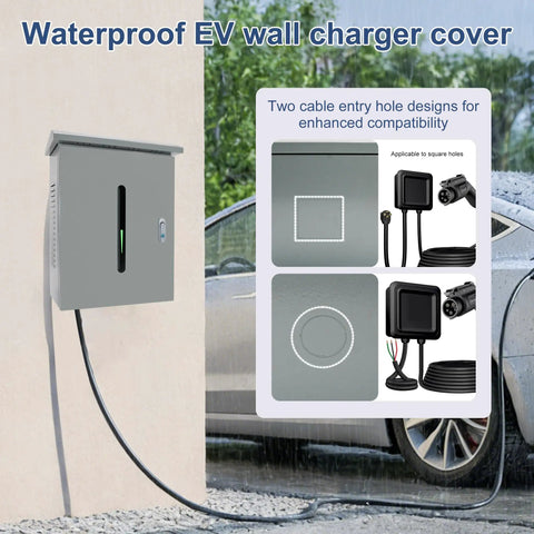 Heavy Duty Outdoor EV Charger Enclosure For Tesla Wall Plug With Secure Lock And Dual Cable Ports Weather Proof Shell, mounted on wall.
