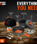 All In One 11 Piece Camping Cookware Set With Stove And Adapter for Backpacking; shown with pot, pan, bowl, utensils, and storage bag.