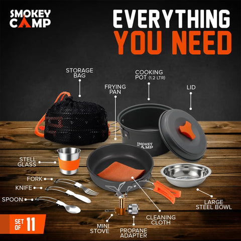 All In One 11 Piece Camping Cookware Set With Stove And Adapter for Backpacking; shown with pot, pan, bowl, utensils, and storage bag.