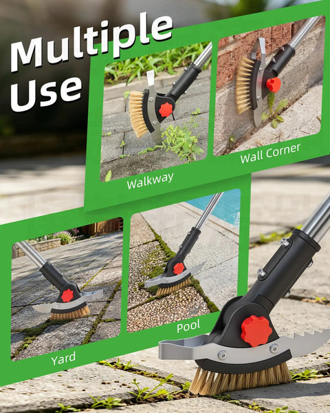 3 In 1 Long Reach Weeder With Stainless Steel Brush And Dual Scrapers, 58.6 Inch Adjustable Handle For Driveways Sidewalks And Lawns, Easily Pull Weeds Moss And Dirt Without Bending Your Back, shown for walkway, wall corner, yard and pool use