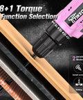 Sweet Pink 12V Cordless Drill Plug And Go Kit With Quick Charge Battery showing 18+1 torque settings for wood and brick work.