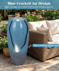 32 Inch Outdoor Jar Water Fountain With LED Lights, Vintage Blue Cracked Jar Design, Cascading Waterfall in garden setting
