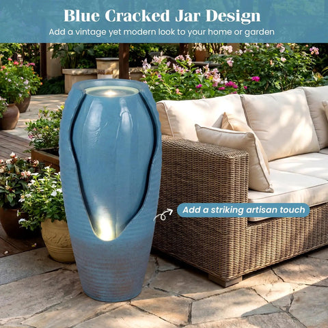 32 Inch Outdoor Jar Water Fountain With LED Lights, Vintage Blue Cracked Jar Design, Cascading Waterfall in garden setting