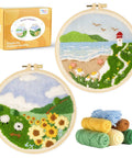 Beginner Punch Needle Kit For Adults With All Tools And Materials Easy To Follow Instructions And Video Tutorials Linen With Water Soluble Pattern Complete Starter Embroidery Set For Spring Bloom Designs, including two landscape patterns and threads.