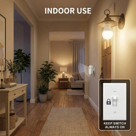 Detached Motion Sensor Light Bulb Kit With Split Design 60W Equivalent A19 LED 6000K Daylight White wall sconce in indoor hallway