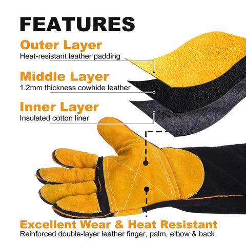 16 Inch Extreme Heat Resistant Leather Welding Gloves With Kevlar Reinforcement And Double Stitching For Mig Tig Stick Welding, Forge, Bbq, Grill, Fireplace, Wood Stove, Furnace, Oven And Safe, Loving Pet Care - features and layers diagram