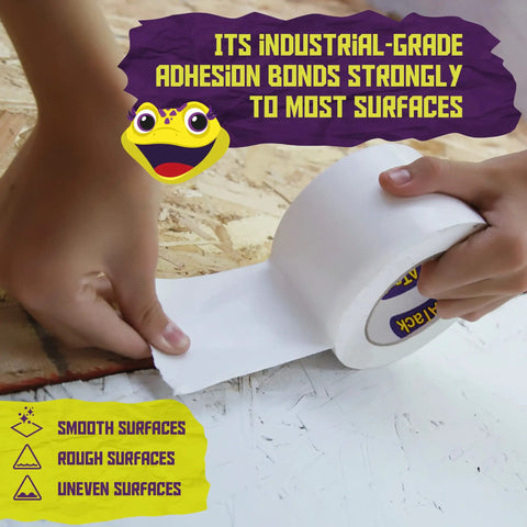 Hands applying Beast Tough White Duct Tape 3 Inch By 30 Yard Heavy Duty Waterproof Tape to wooden surface.